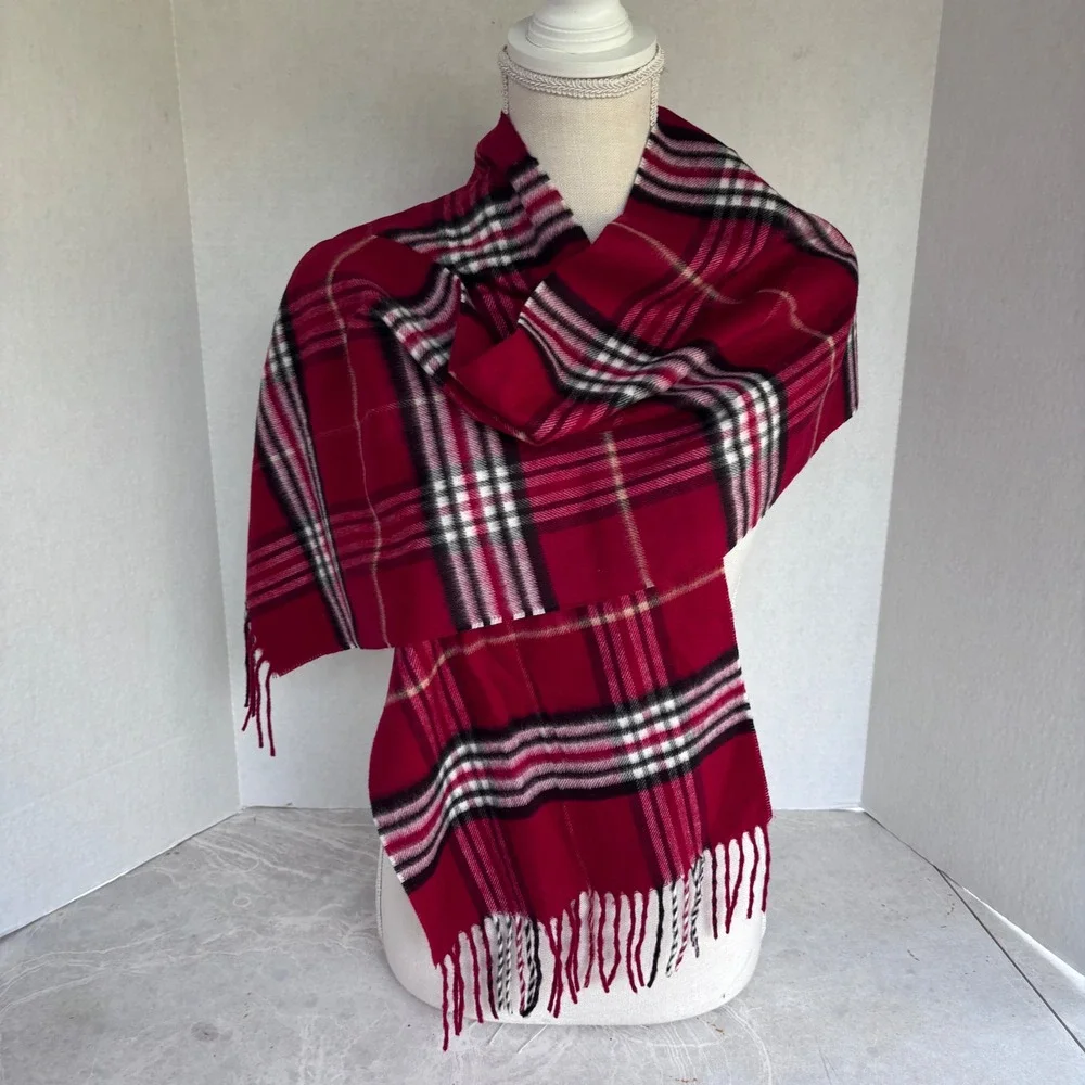 V FRAAS Red Plaid Cashmere Blend Scarf Fringe‎ Made in Germany